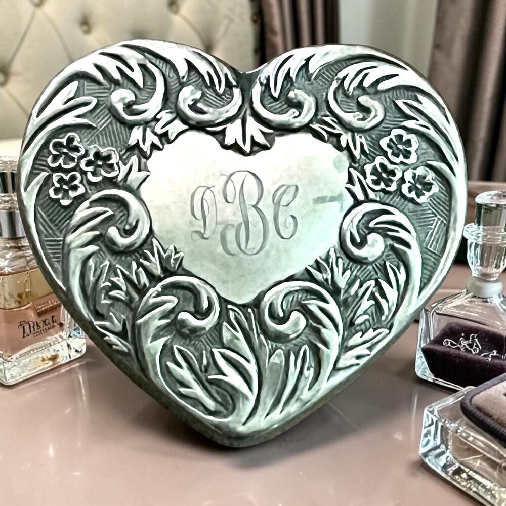 Vintage Silver Plated Heart Trinket Box Glass Mirrored Jewelry Box Monogram DBC